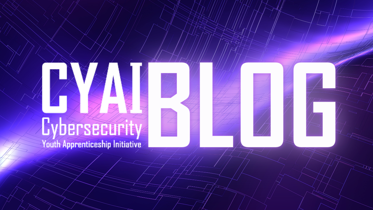 The Cybersecurity Youth Apprenticeship Initiative Blog is bannered against a twisting purple background.
